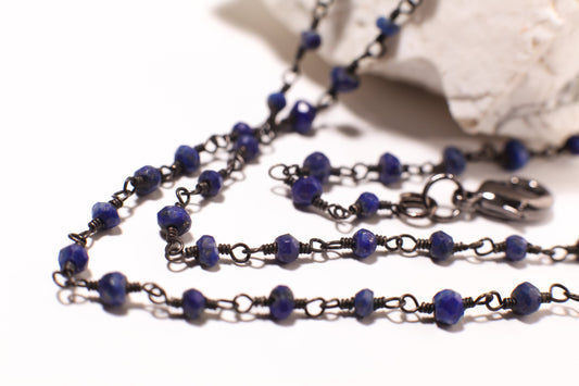 Afghanistan Lapis dark blue Oxidized silver Faceted Natural Precious Gemstone Chain High Quality layering Finished Necklace with Clasp