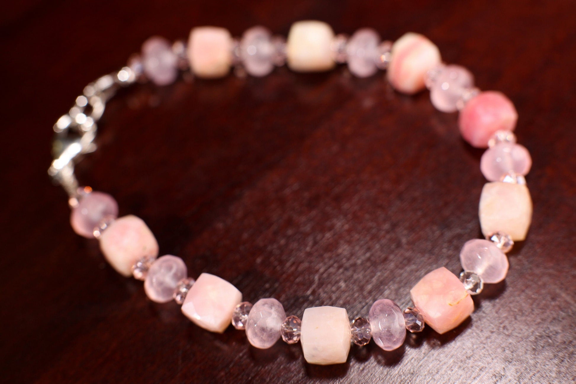 Natural Pink Peruvian Opal 8mm Cube Bracelet Accent with 8mm Rose Quartz roundel Spacer in 925 Sterling Silver Clasp,love, Valentine gift