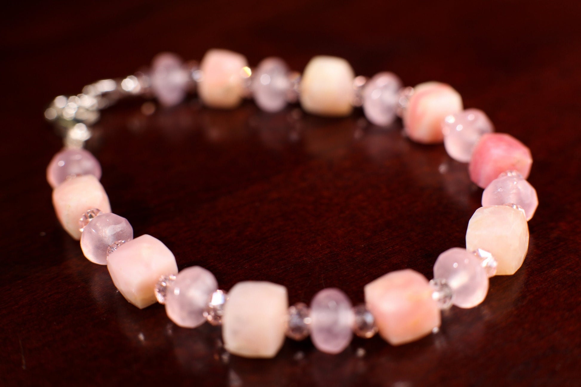 Natural Pink Peruvian Opal 8mm Cube Bracelet Accent with 8mm Rose Quartz roundel Spacer in 925 Sterling Silver Clasp,love, Valentine gift