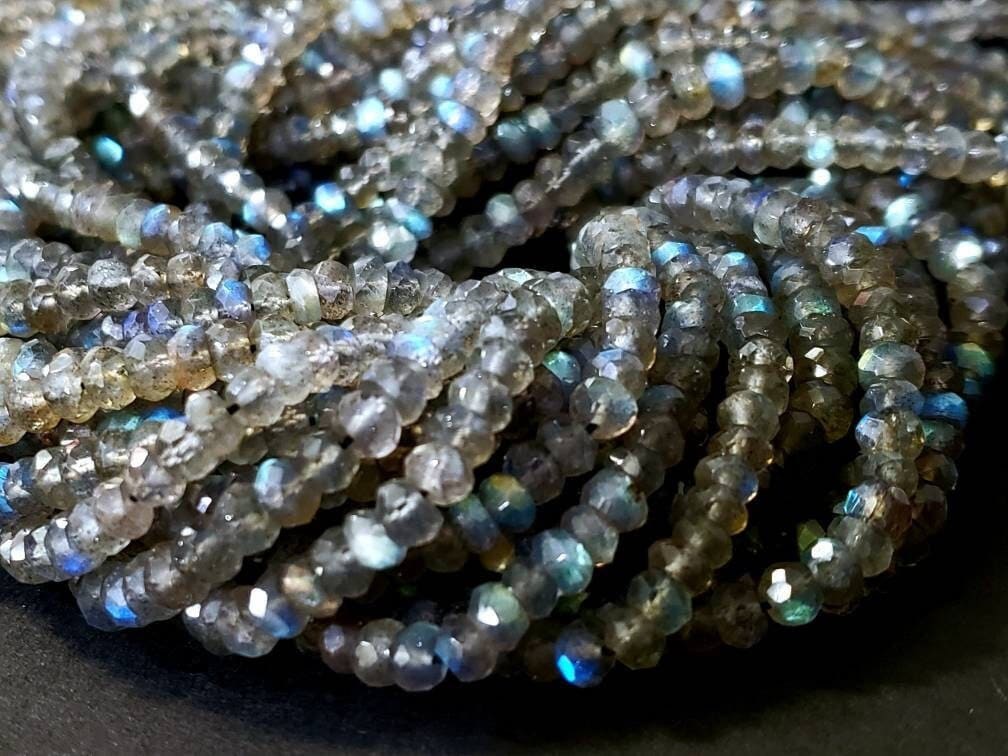 Natural Labradorite Blue Flash 4-4.5mm and 3-3.5mm Faceted Rondelle For Jewelry Making,DIY, Healing Gemstones 6.” and 12.25&quot; St