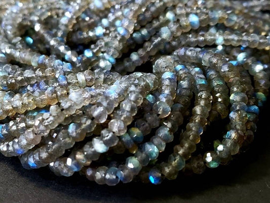 Natural Labradorite Blue Flash 4-4.5mm and 3-3.5mm Faceted Rondelle For Jewelry Making,DIY, Healing Gemstones 6.” and 12.25&quot; St