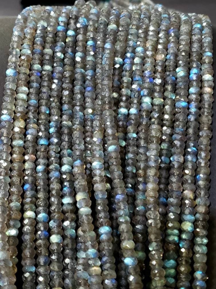 Natural Labradorite Blue Flash 4-4.5mm and 3-3.5mm Faceted Rondelle For Jewelry Making,DIY, Healing Gemstones 6.” and 12.25" St