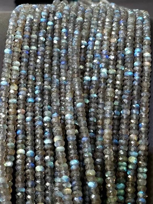 Natural Labradorite Blue Flash 4-4.5mm and 3-3.5mm Faceted Rondelle For Jewelry Making,DIY, Healing Gemstones 6.” and 12.25&quot; St