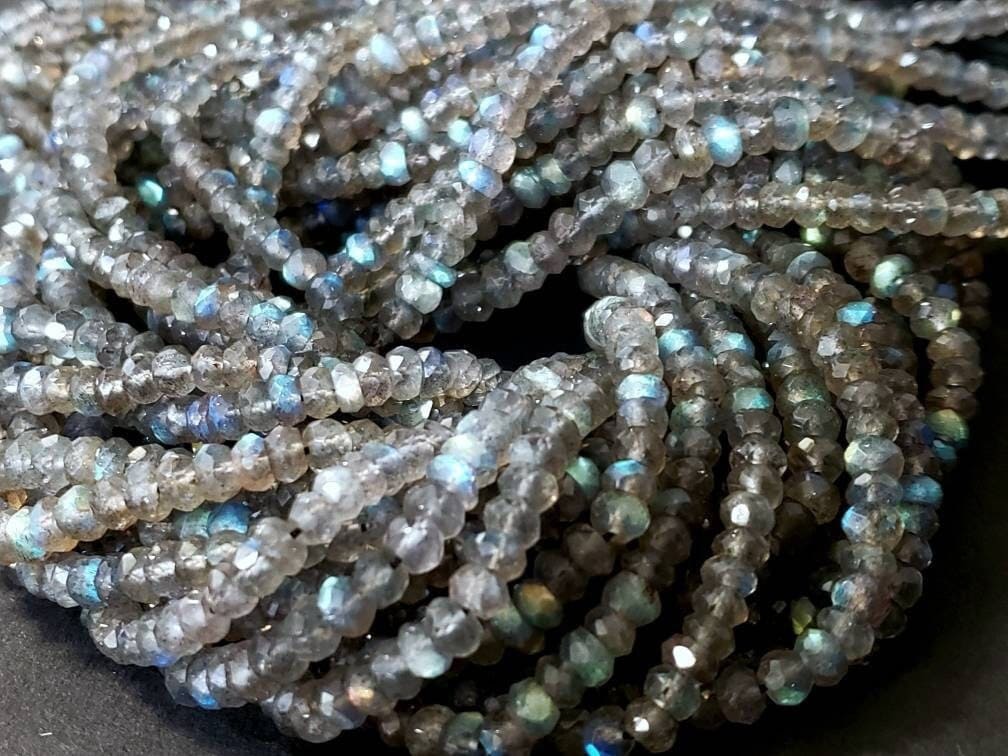 Natural Labradorite Blue Flash 4-4.5mm and 3-3.5mm Faceted Rondelle For Jewelry Making,DIY, Healing Gemstones 6.” and 12.25&quot; St