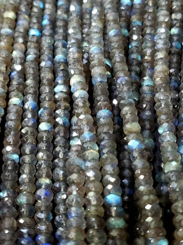 Natural Labradorite Blue Flash 4-4.5mm and 3-3.5mm Faceted Rondelle For Jewelry Making,DIY, Healing Gemstones 6.” and 12.25&quot; St