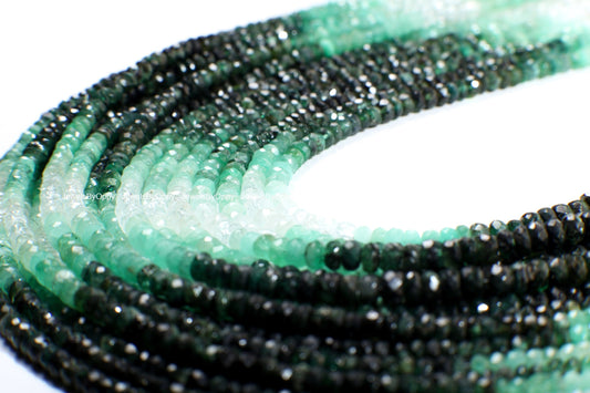 Natural Emerald Ombre Shaded 3-4mm Faceted Roundel AAA Fine Quality for Jewelry Making, Necklace Bracelet Gemstone 4&quot;, 7.5&quot;, 15&quot; Strand