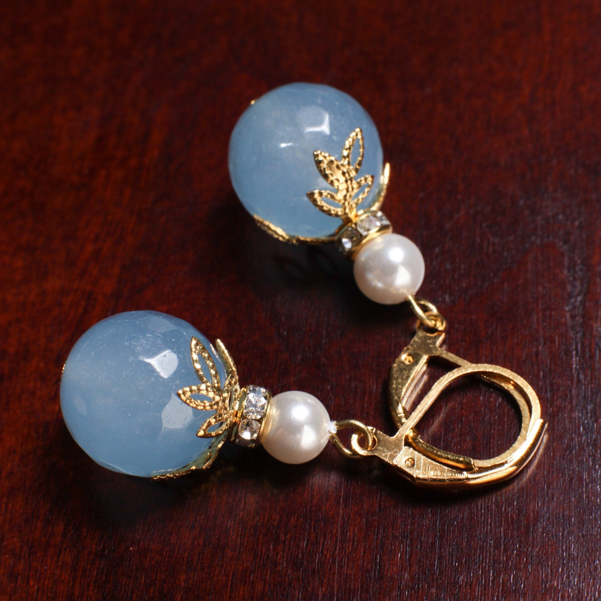 Blue Chalcedony 14mm Faceted Round with White South Seashell Pearl Hammered Gold Leaf Cap Leverback Earrings, Minimalist Gold Jewelry