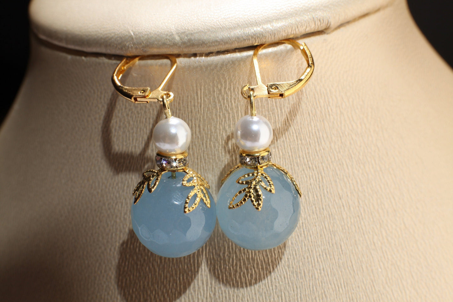 Blue Chalcedony 14mm Faceted Round with White South Seashell Pearl Hammered Gold Leaf Cap Leverback Earrings, Minimalist Gold Jewelry