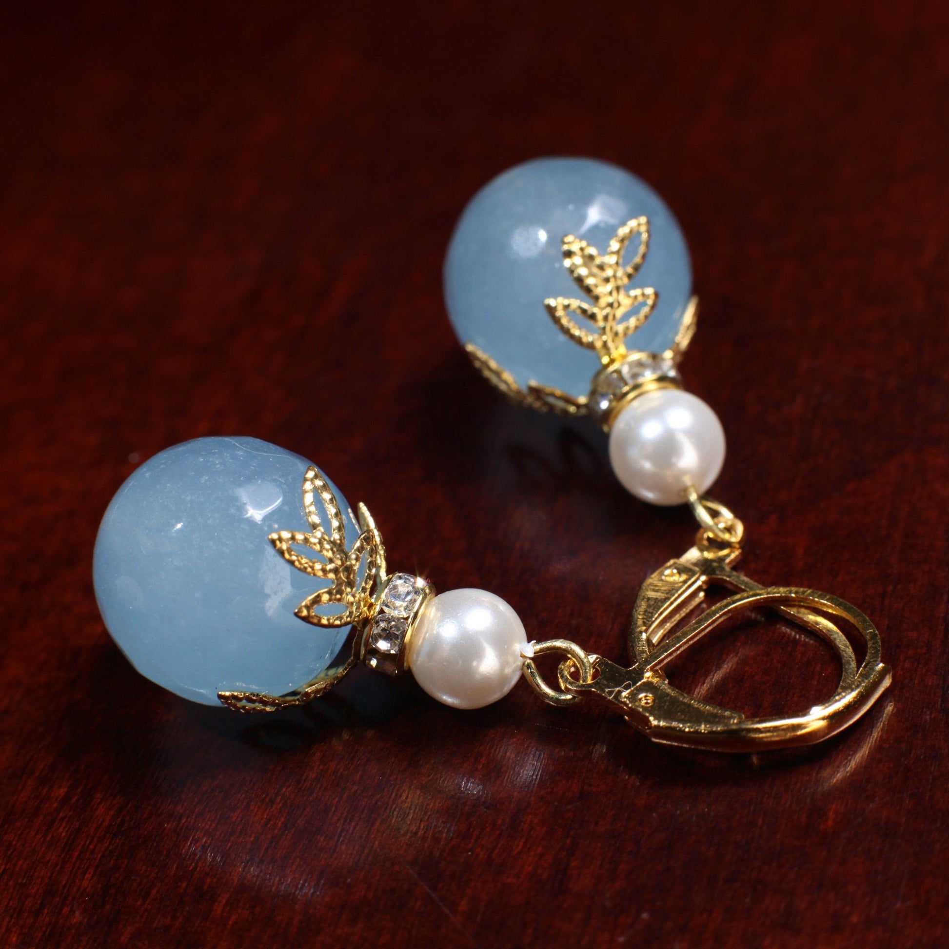 Blue Chalcedony 14mm Faceted Round with White South Seashell Pearl Hammered Gold Leaf Cap Leverback Earrings, Minimalist Gold Jewelry