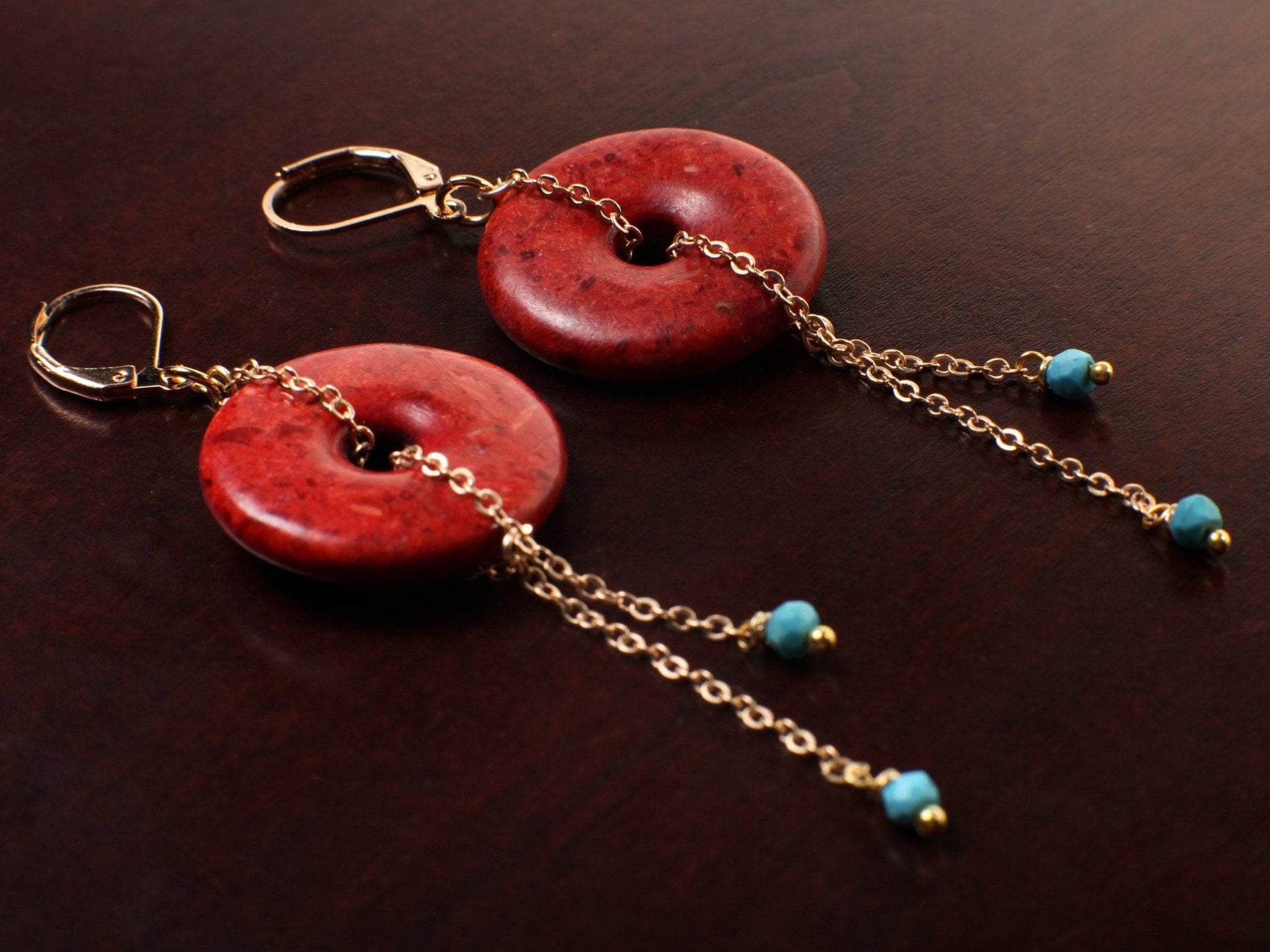 Sponge Coral 25mm Donut Dangle and genuine Faceted Turquoise Beads in Gold Plated Brass or 14K Gold Filled Chain and Leverback Earrings