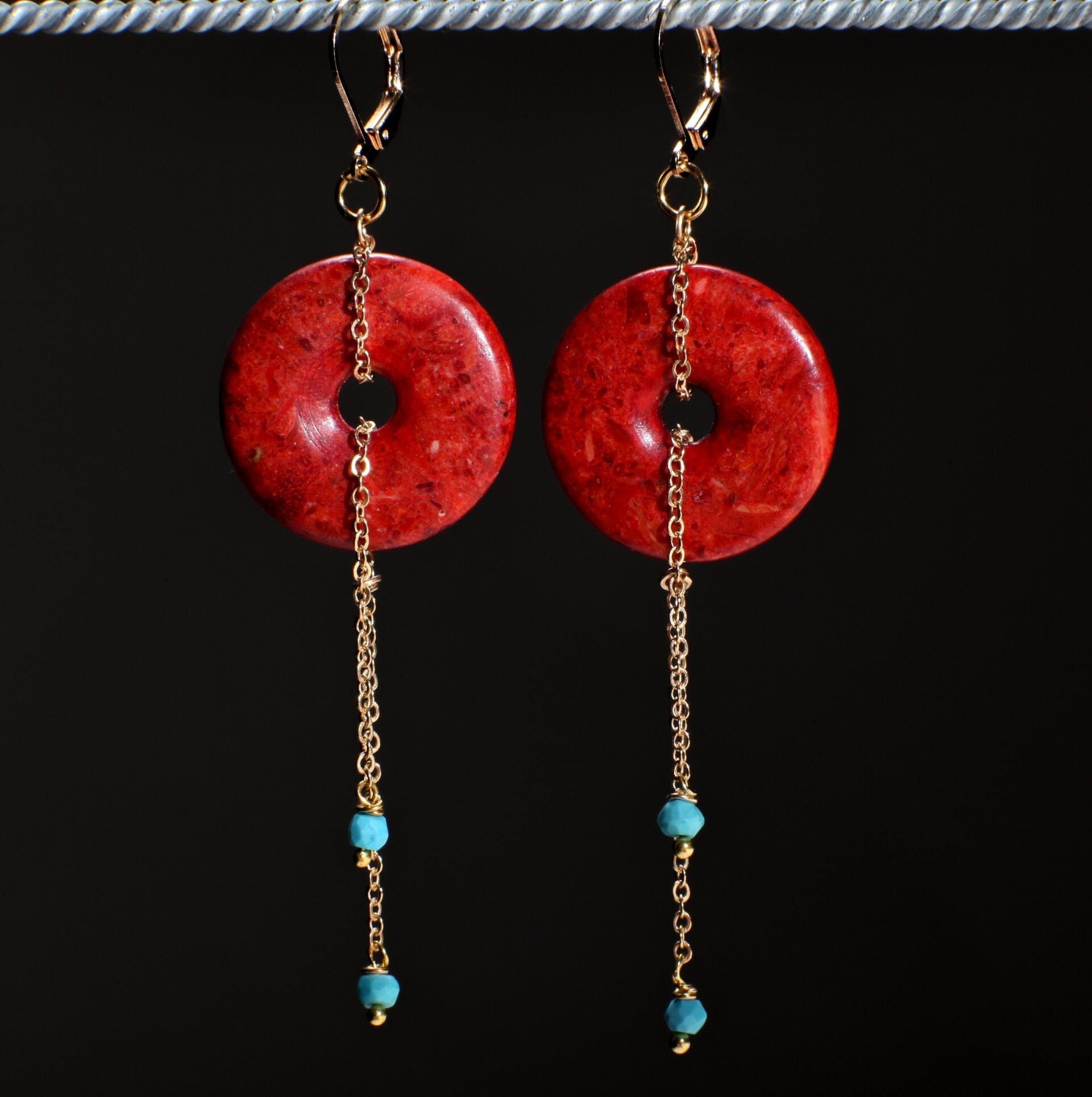 Sponge Coral 25mm Donut Dangle and genuine Faceted Turquoise Beads in Gold Plated Brass or 14K Gold Filled Chain and Leverback Earrings