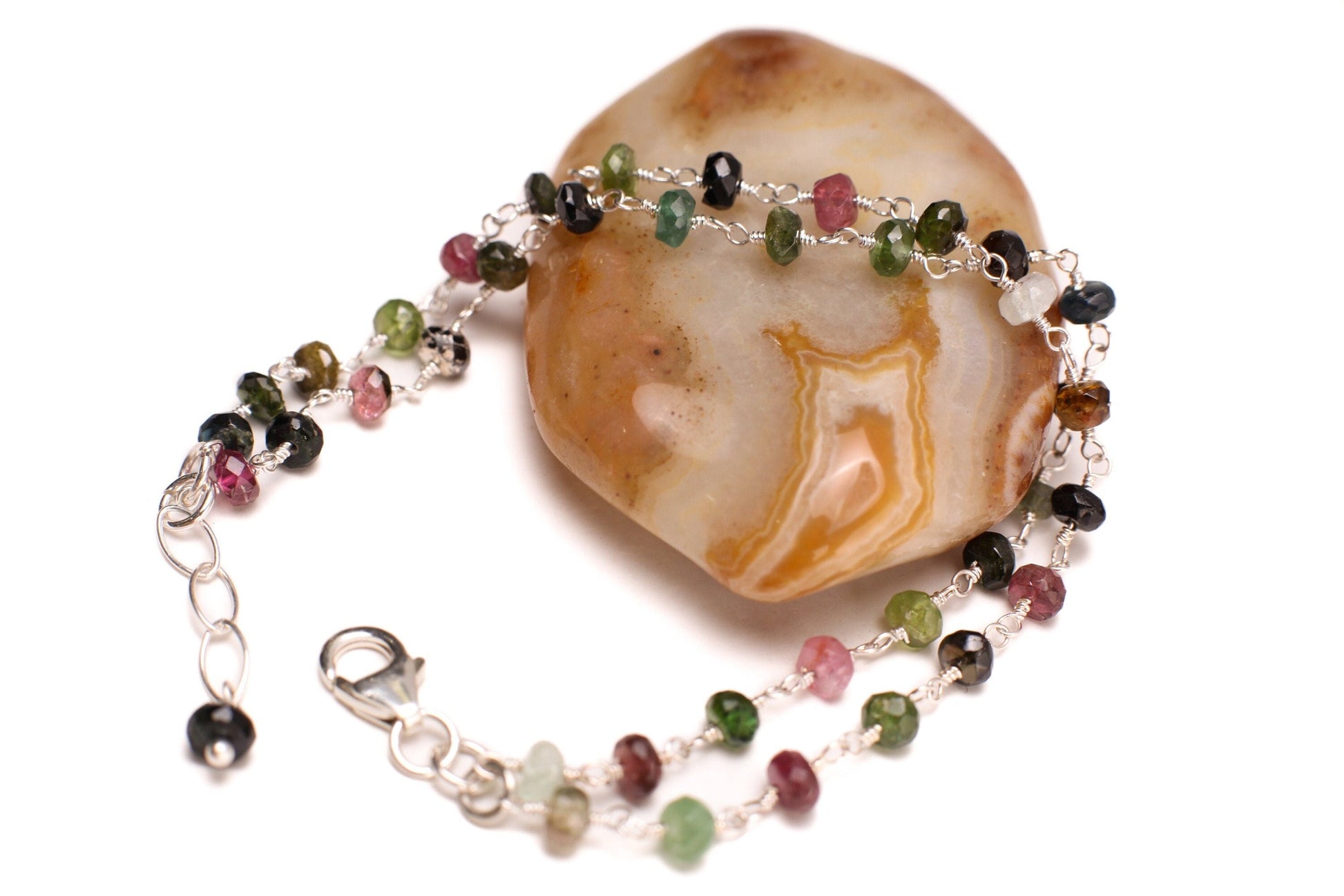 Watermelon Tourmaline Silver Wire Wrapped Faceted large 5mm Rondelle 2 Line Bracelet in 925 Sterling Silver Clasp and extension,Gift for her