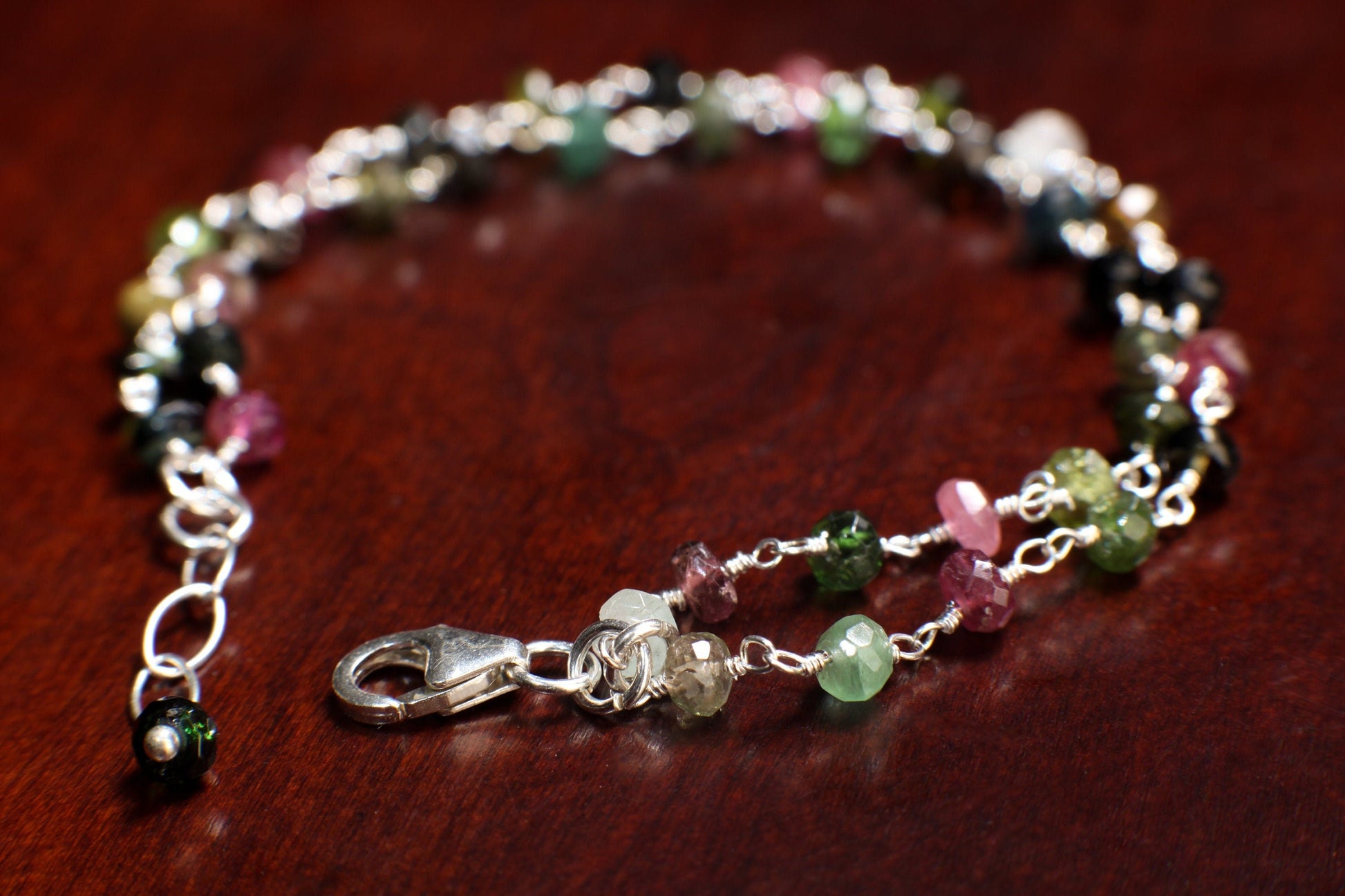 Watermelon Tourmaline Silver Wire Wrapped Faceted large 5mm Rondelle 2 Line Bracelet in 925 Sterling Silver Clasp and extension,Gift for her