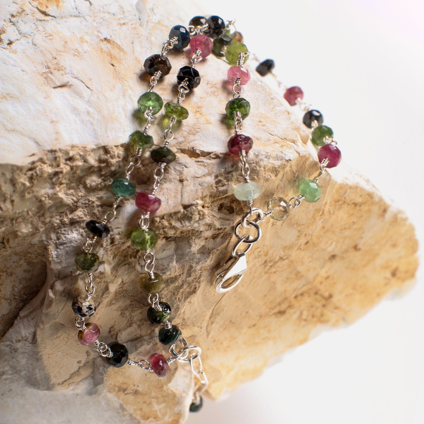 Watermelon Tourmaline Silver Wire Wrapped Faceted large 5mm Rondelle 2 Line Bracelet in 925 Sterling Silver Clasp and extension,Gift for her