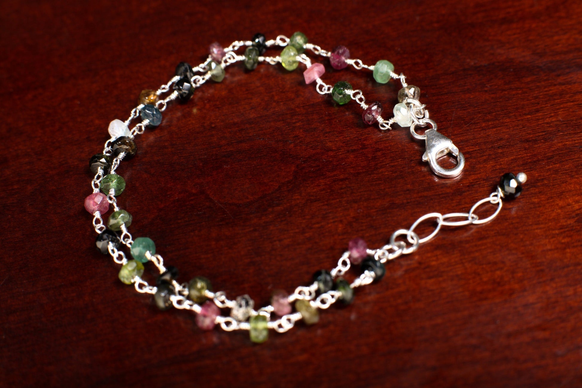 Watermelon Tourmaline Silver Wire Wrapped Faceted large 5mm Rondelle 2 Line Bracelet in 925 Sterling Silver Clasp and extension,Gift for her