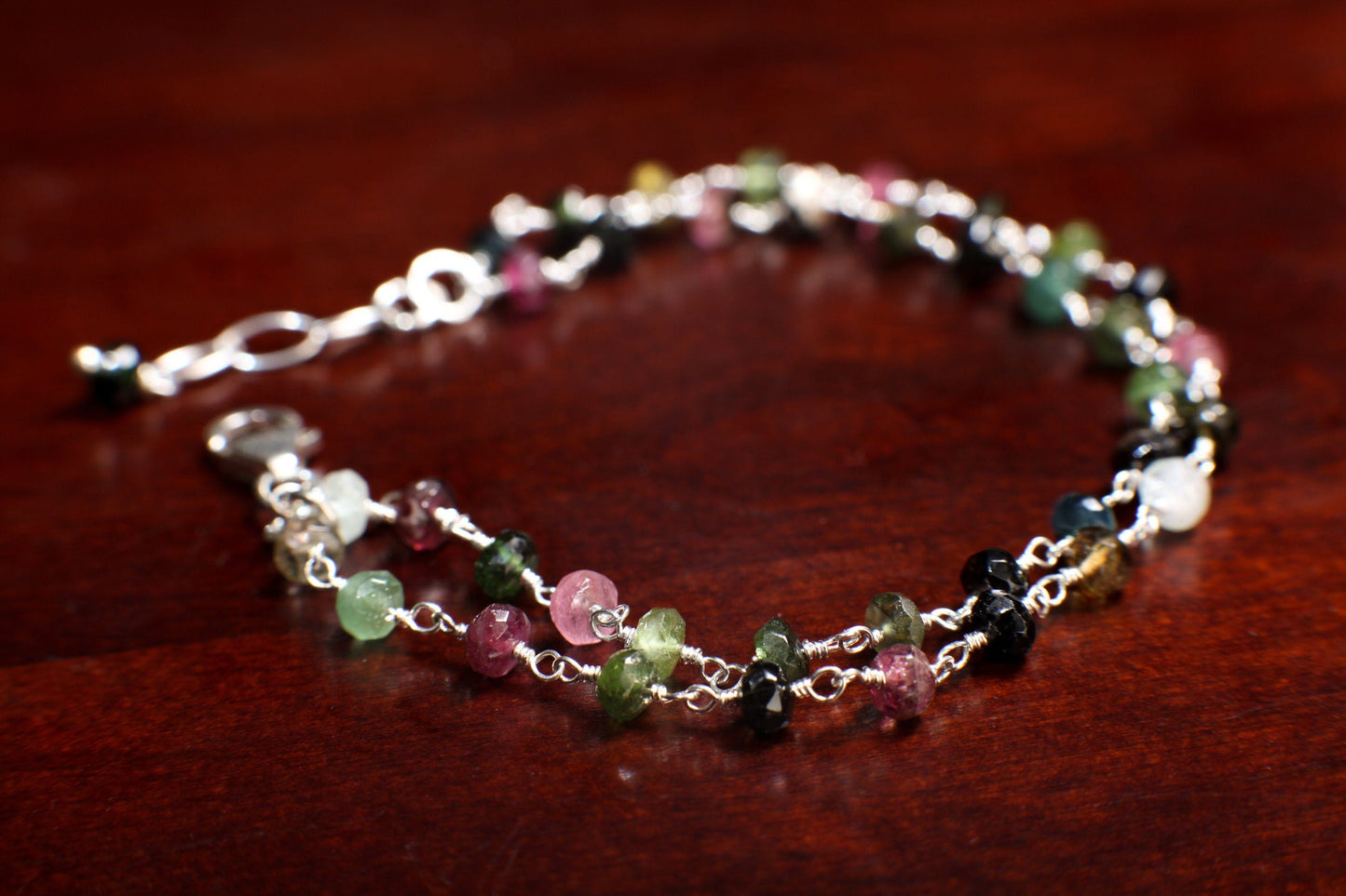Watermelon Tourmaline Silver Wire Wrapped Faceted large 5mm Rondelle 2 Line Bracelet in 925 Sterling Silver Clasp and extension,Gift for her