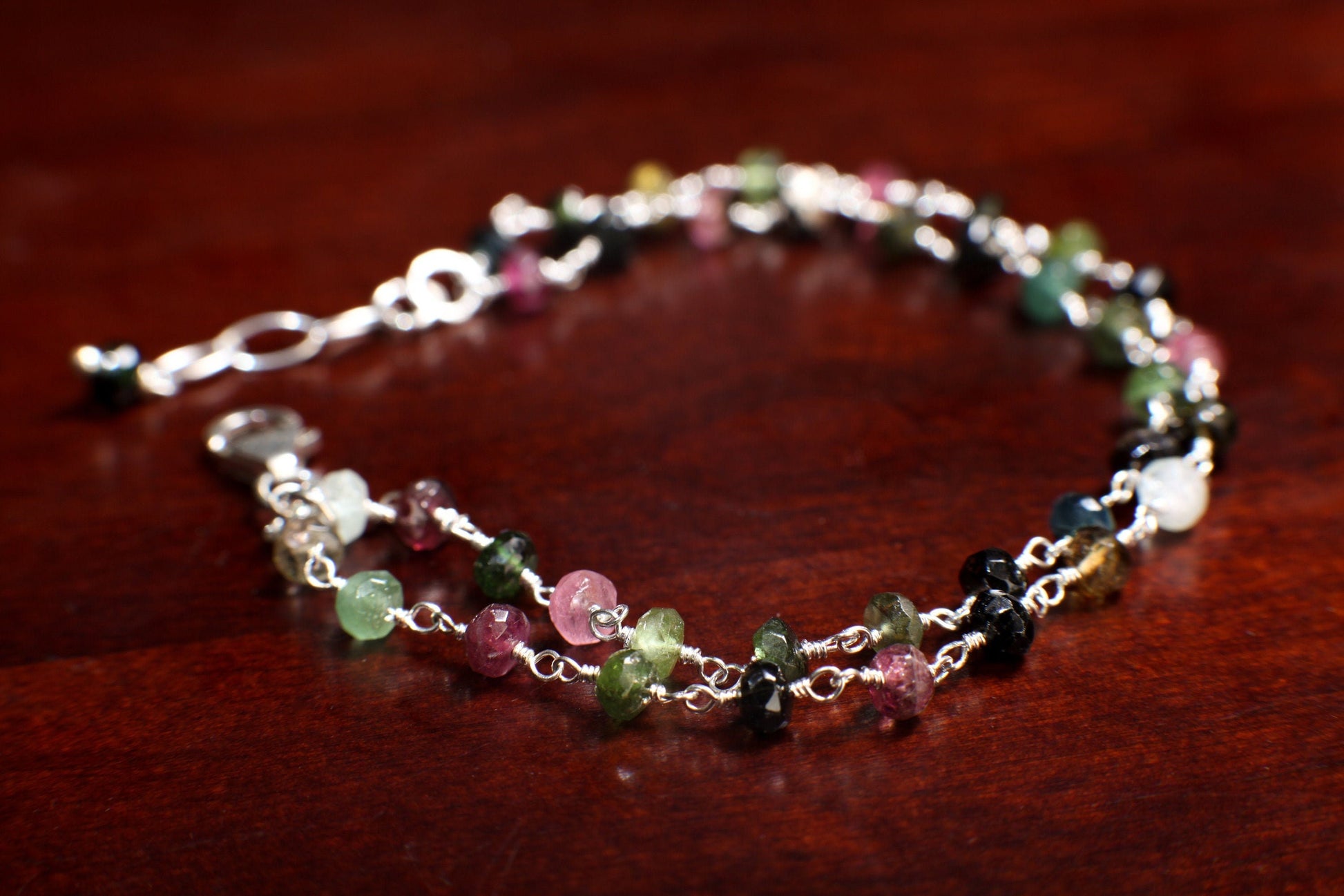 Watermelon Tourmaline Silver Wire Wrapped Faceted large 5mm Rondelle 2 Line Bracelet in 925 Sterling Silver Clasp and extension,Gift for her