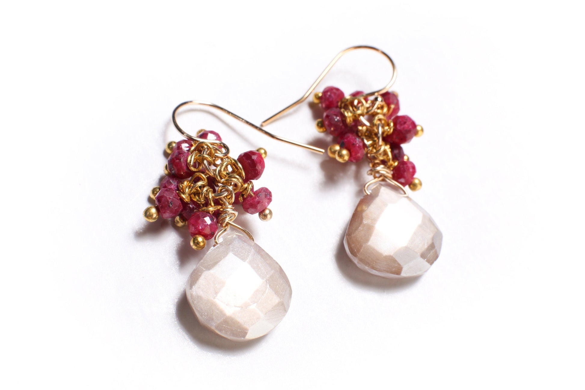 Genuine Ruby Cluster Wire Wrapped, Peach Moonstone Dangling Earrings in 14K Gold Filled Ear Wire, Valentine, Bridesmaid, Gift for her
