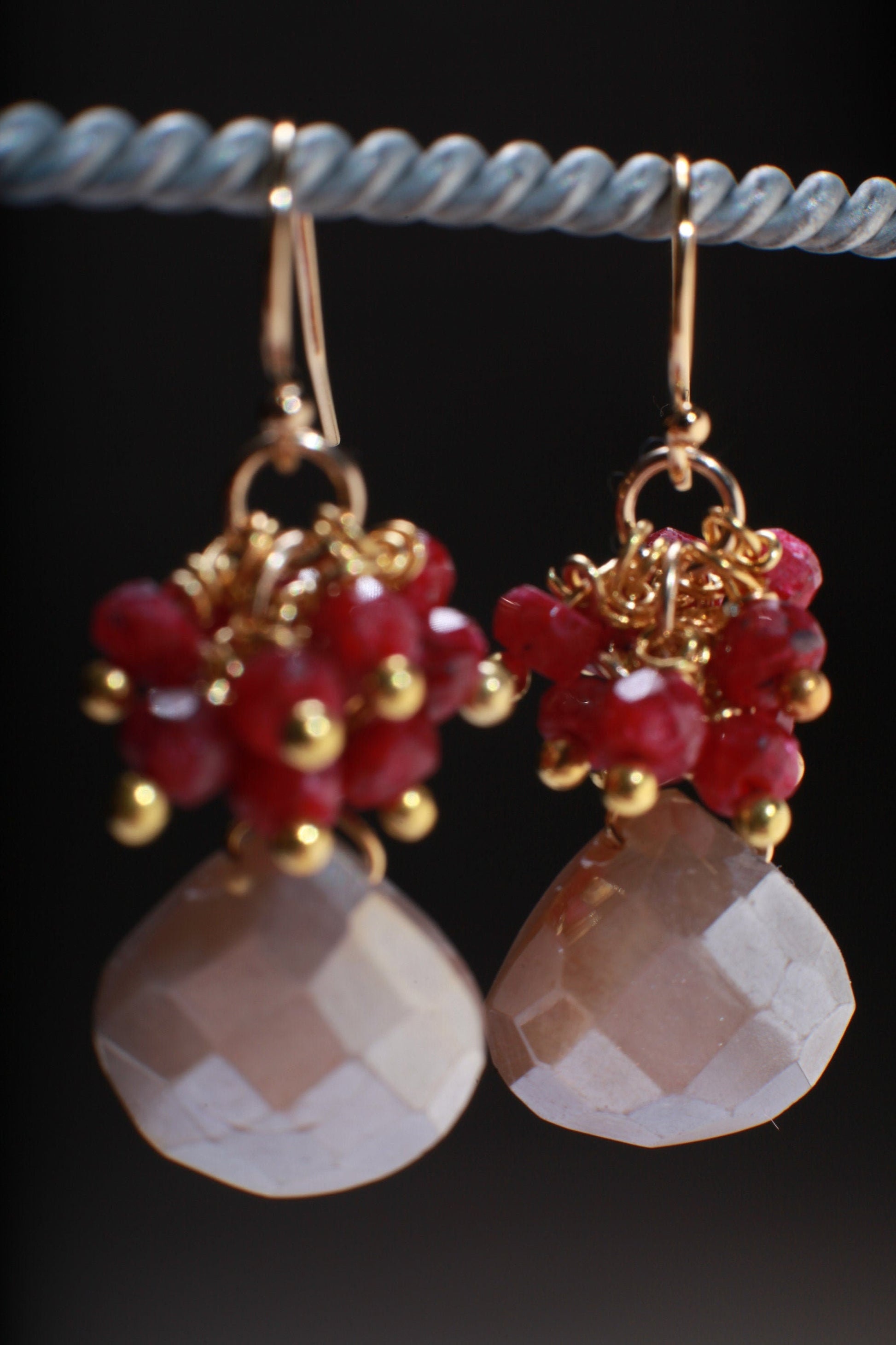 Genuine Ruby Cluster Wire Wrapped, Peach Moonstone Dangling Earrings in 14K Gold Filled Ear Wire, Valentine, Bridesmaid, Gift for her