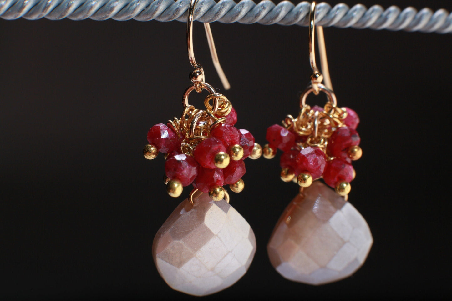 Genuine Ruby Cluster Wire Wrapped, Peach Moonstone Dangling Earrings in 14K Gold Filled Ear Wire, Valentine, Bridesmaid, Gift for her