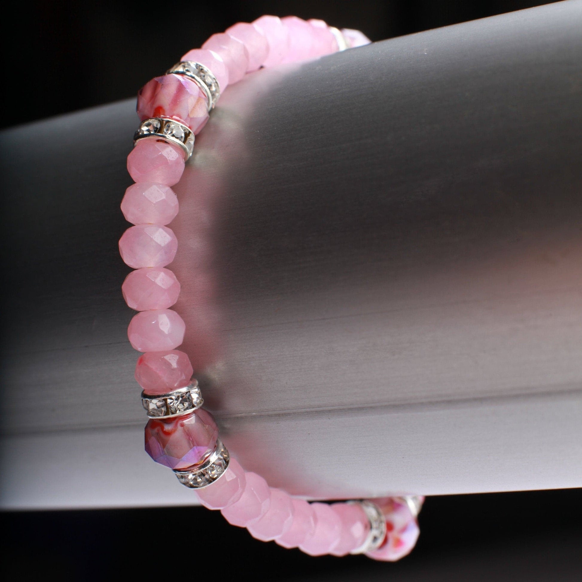 Rose Quartz Rhinestone Natural Gemstone, Crystal Stretchy Bracelet6&quot;- 9.5&quot;