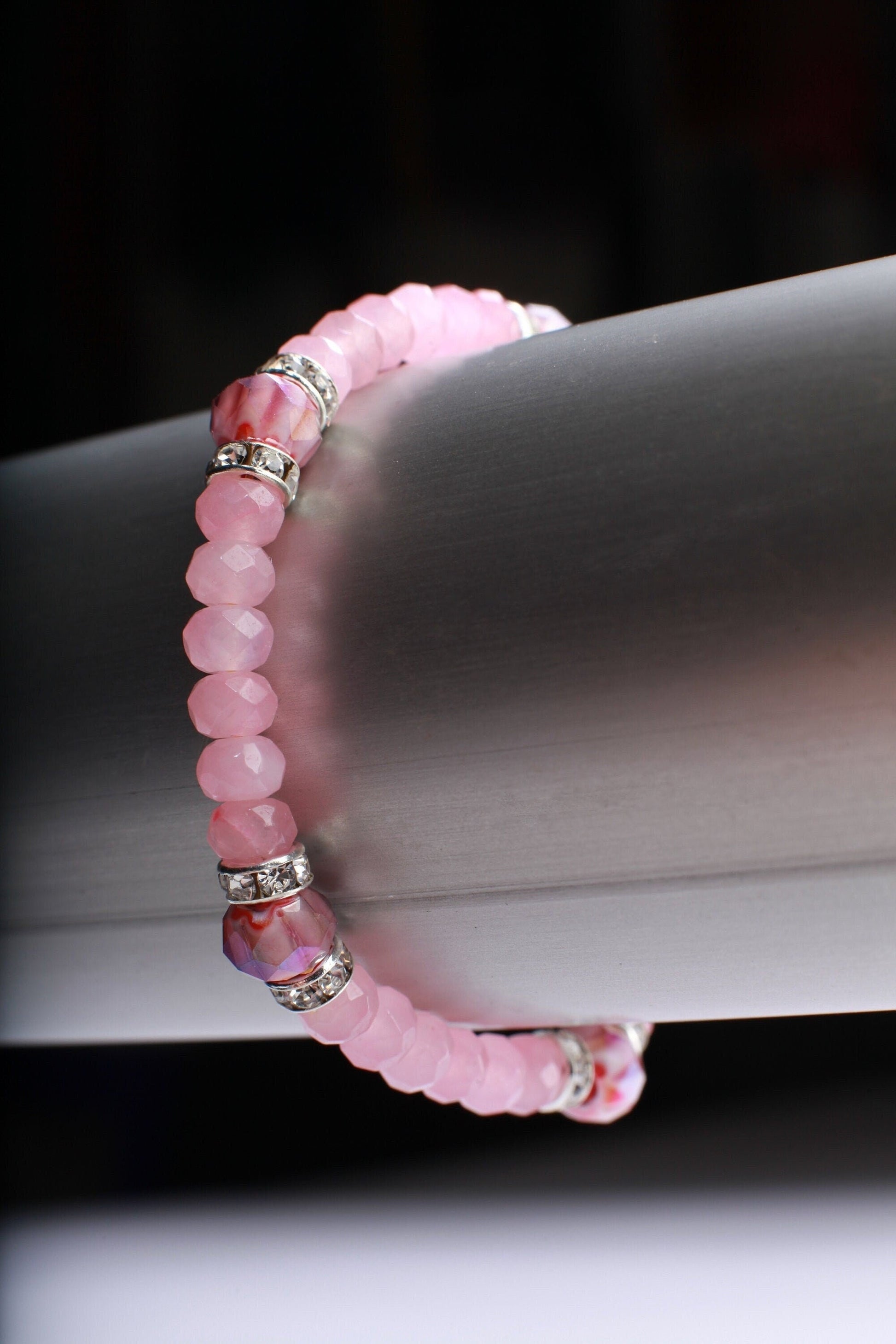 Rose Quartz Rhinestone Natural Gemstone, Crystal Stretchy Bracelet6&quot;- 9.5&quot;