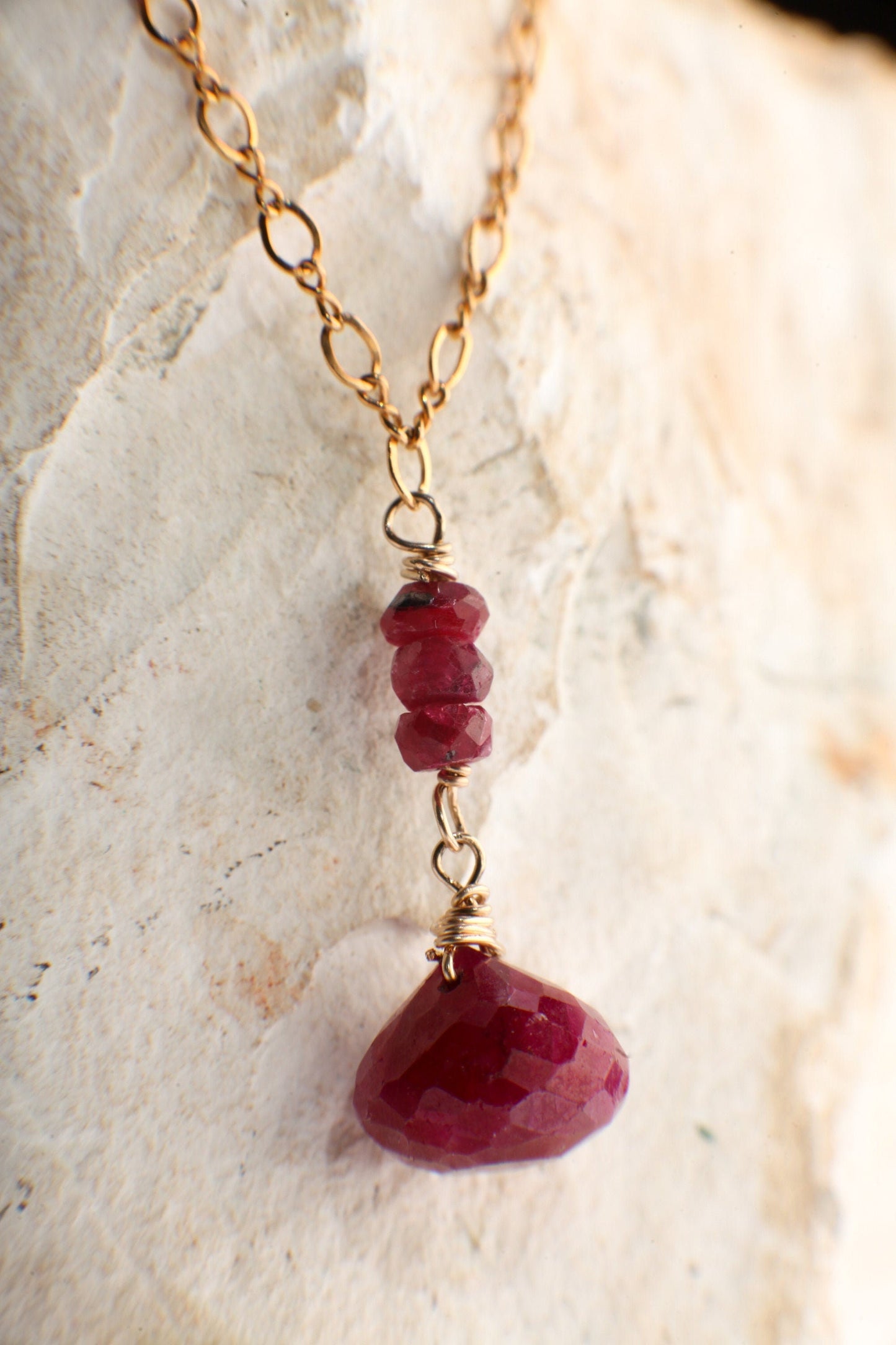 Ruby Onion Drop Briolette, Genuine Ruby Wire Wrapped Faceted 9-10mm Onion drop Ruby Rondelle in 14K Gold Filled Figure 8 Chain Necklace gift