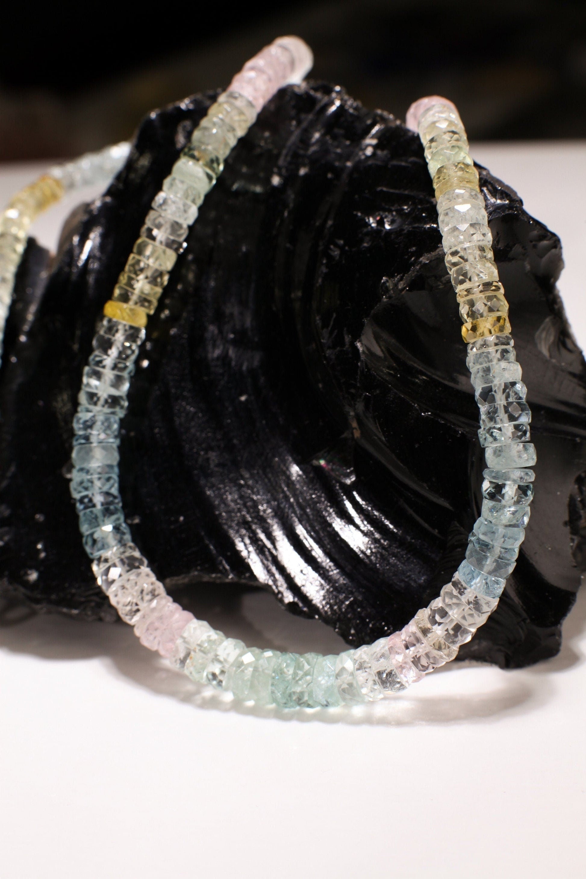 Natural Multi Aquamarine Necklace, Morganite 4-6mm Micro Faceted cut Graduated Tyre Heishe Roundel Rare AAA Sterling Silver Elegant Necklace