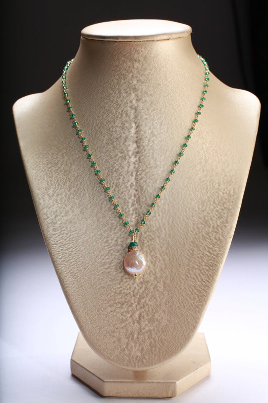 Green quartz Beaded Chain with Genuine Freshwater Coin Pearl Centerpiece Rhinestones Focal bead 16" gold Necklace