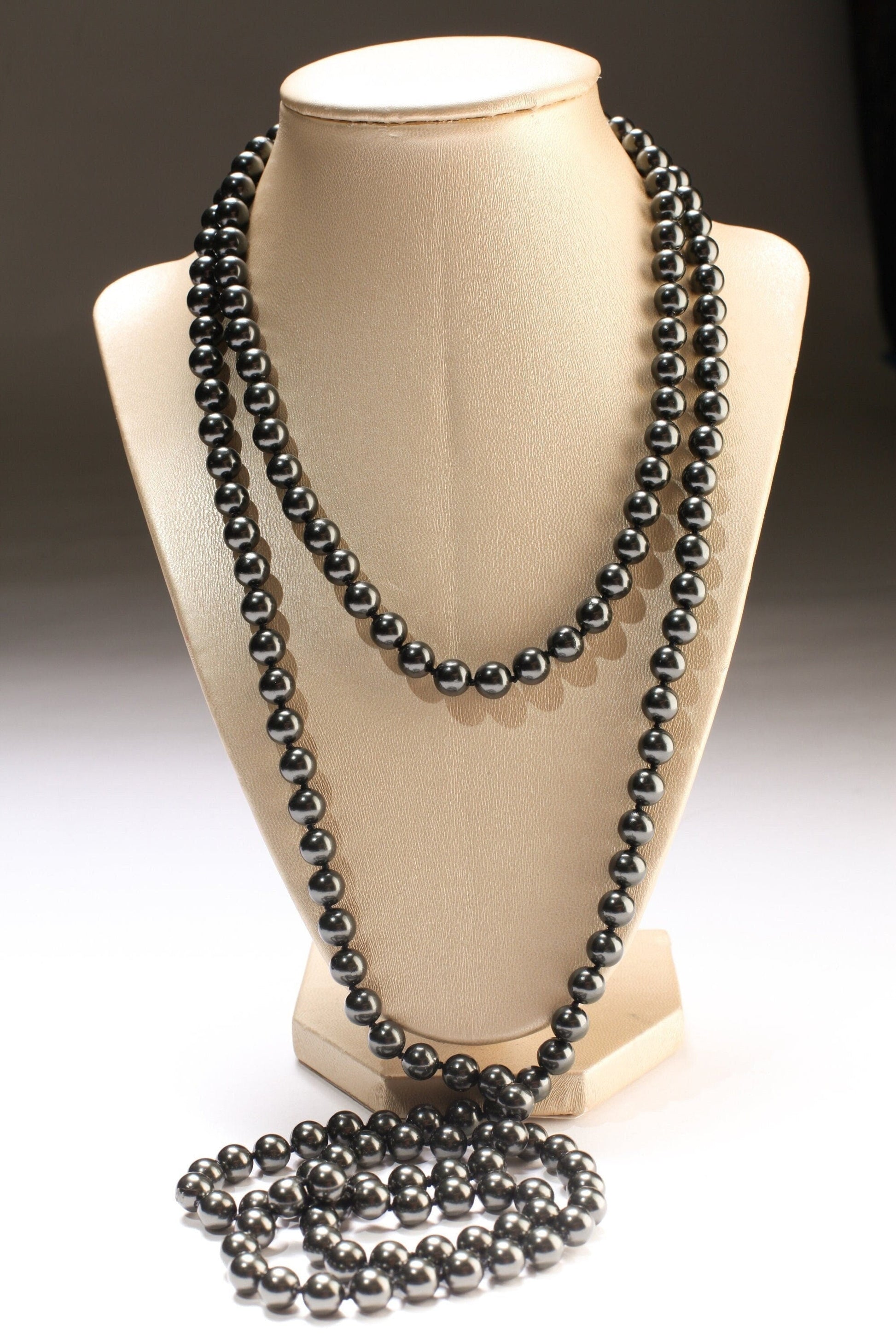 64&quot; Hand Knotted black South Seashell Pearl 8mm Round Beads Statement Black Long Double, Triple Layers Necklace 174 Pcs