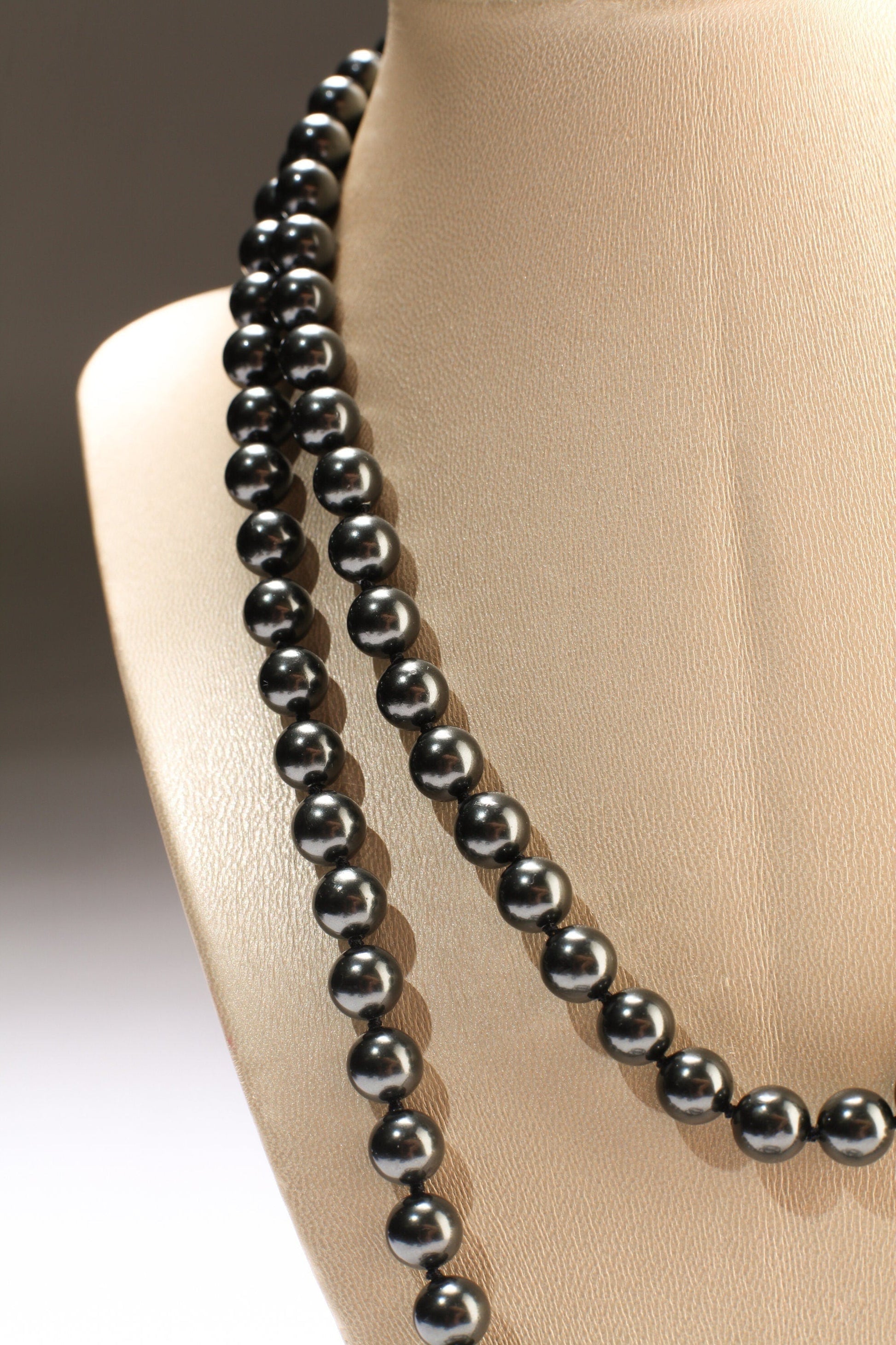 64&quot; Hand Knotted black South Seashell Pearl 8mm Round Beads Statement Black Long Double, Triple Layers Necklace 174 Pcs