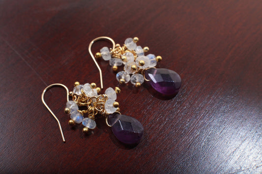 Natural Moonstones Cluster Earrings with Natural Amethyst Briolette Drop in 14K Gold Filled Ear Wire