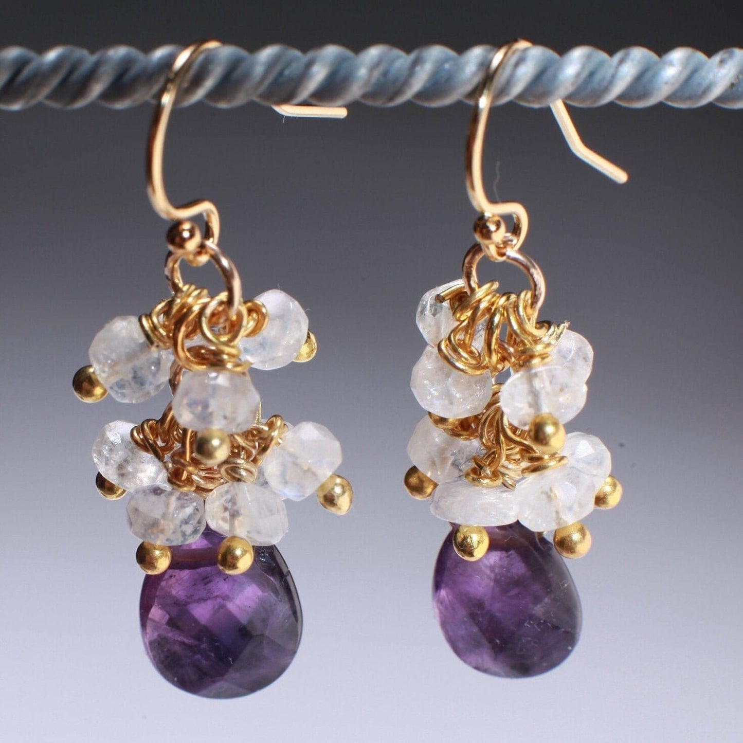 Natural Moonstones Cluster Earrings with Natural Amethyst Briolette Drop in 14K Gold Filled Ear Wire