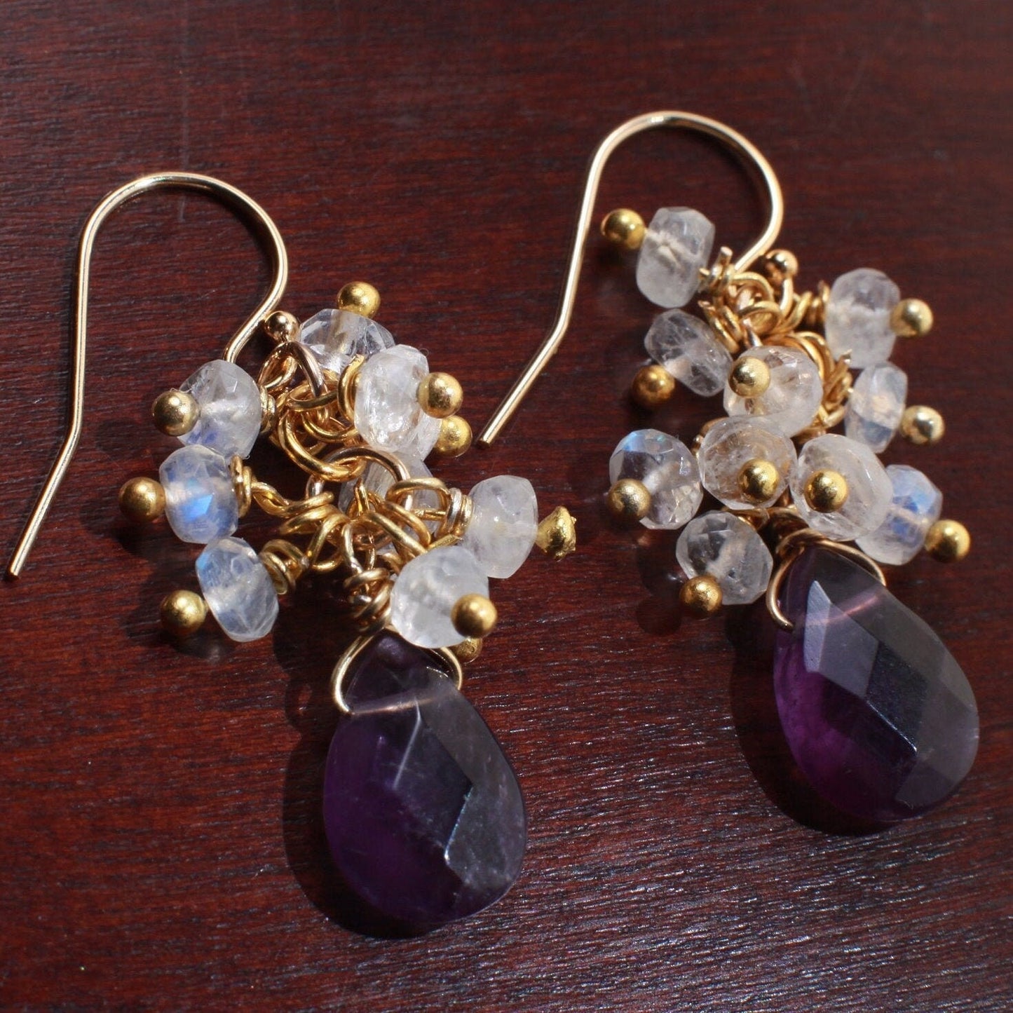 Natural Moonstones Cluster Earrings with Natural Amethyst Briolette Drop in 14K Gold Filled Ear Wire