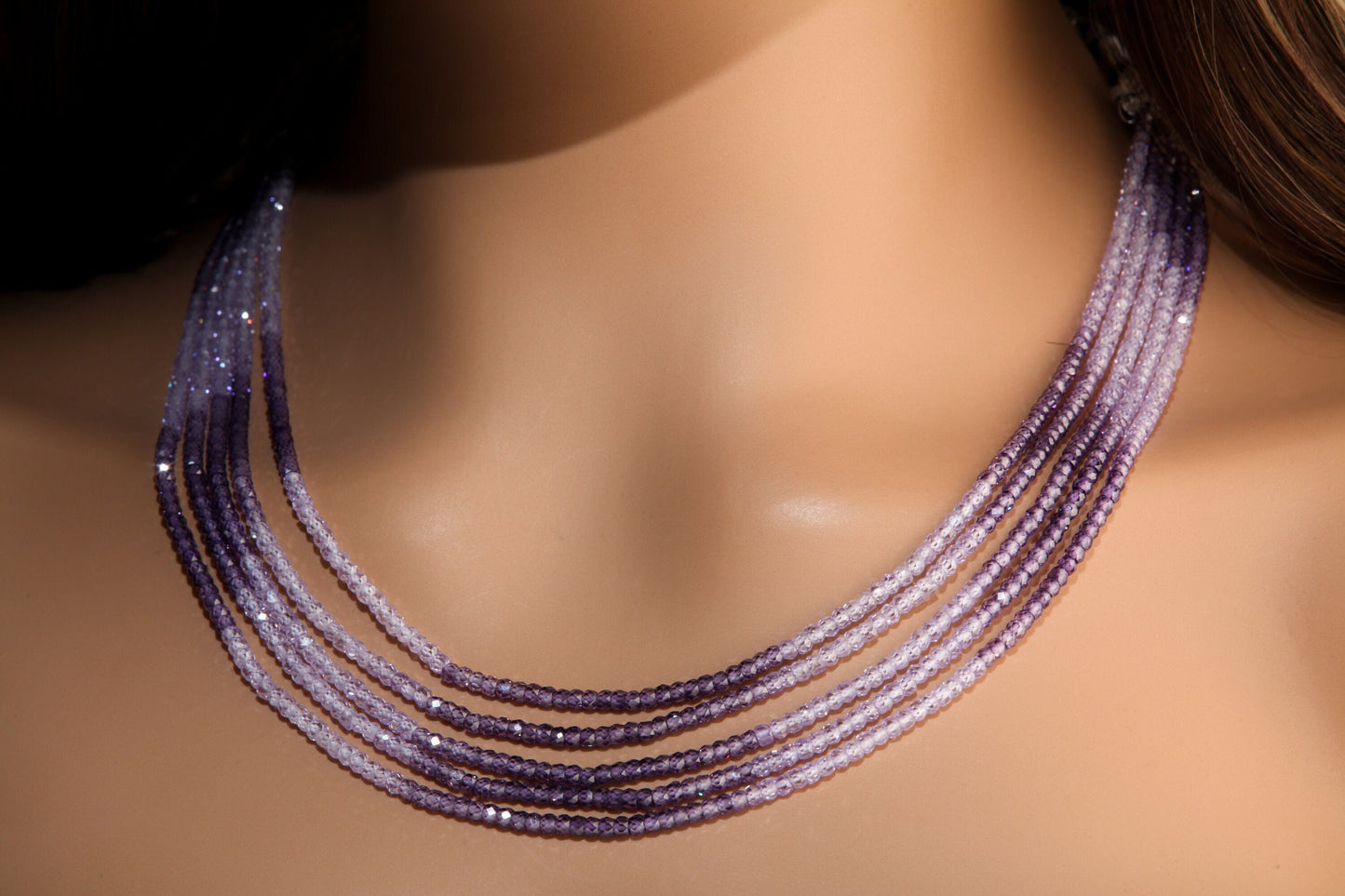Cubic Zirconia CZ Ombre Amethyst Shaded 5 Strands 17" Necklace Plus 9" Adjustable Thread