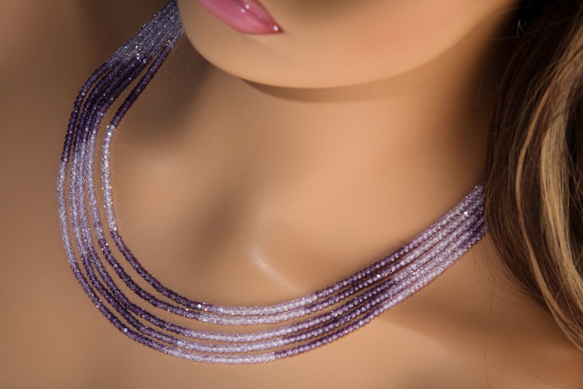 Cubic Zirconia CZ Ombre Amethyst Shaded 5 Strands 17" Necklace Plus 9" Adjustable Thread