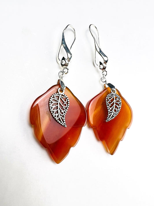 Carnelian Agate hand carved Leaf 28x35mm,Bali Style Filigree Leaf Dangling Earrings in Silver Earring .Vintage boho antique style gift