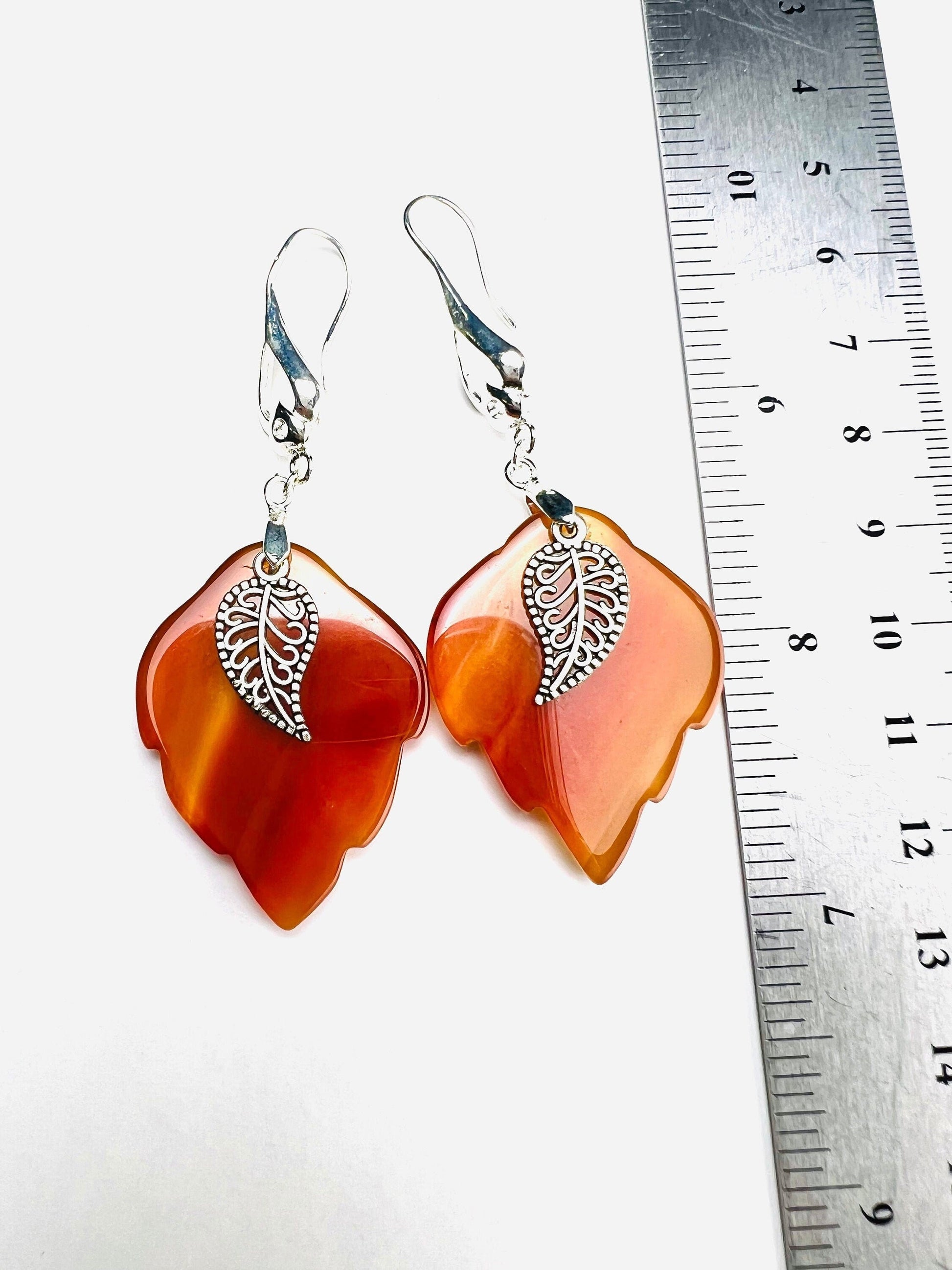 Carnelian Agate hand carved Leaf 28x35mm,Bali Style Filigree Leaf Dangling Earrings in Silver Earring .Vintage boho antique style gift