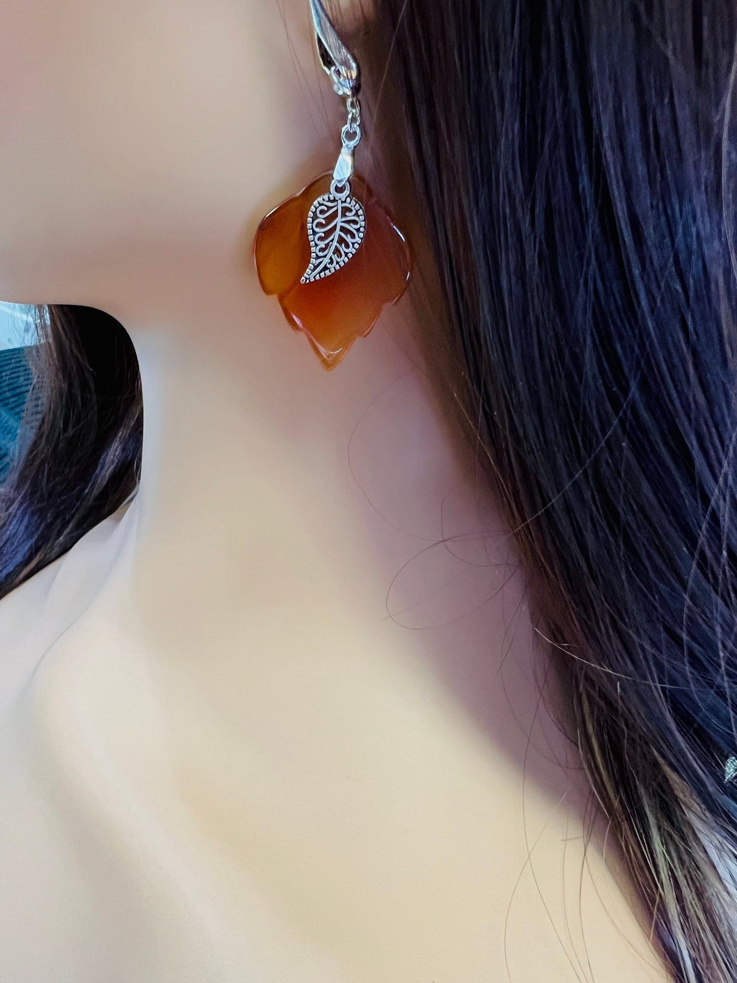 Carnelian Agate hand carved Leaf 28x35mm,Bali Style Filigree Leaf Dangling Earrings in Silver Earring .Vintage boho antique style gift