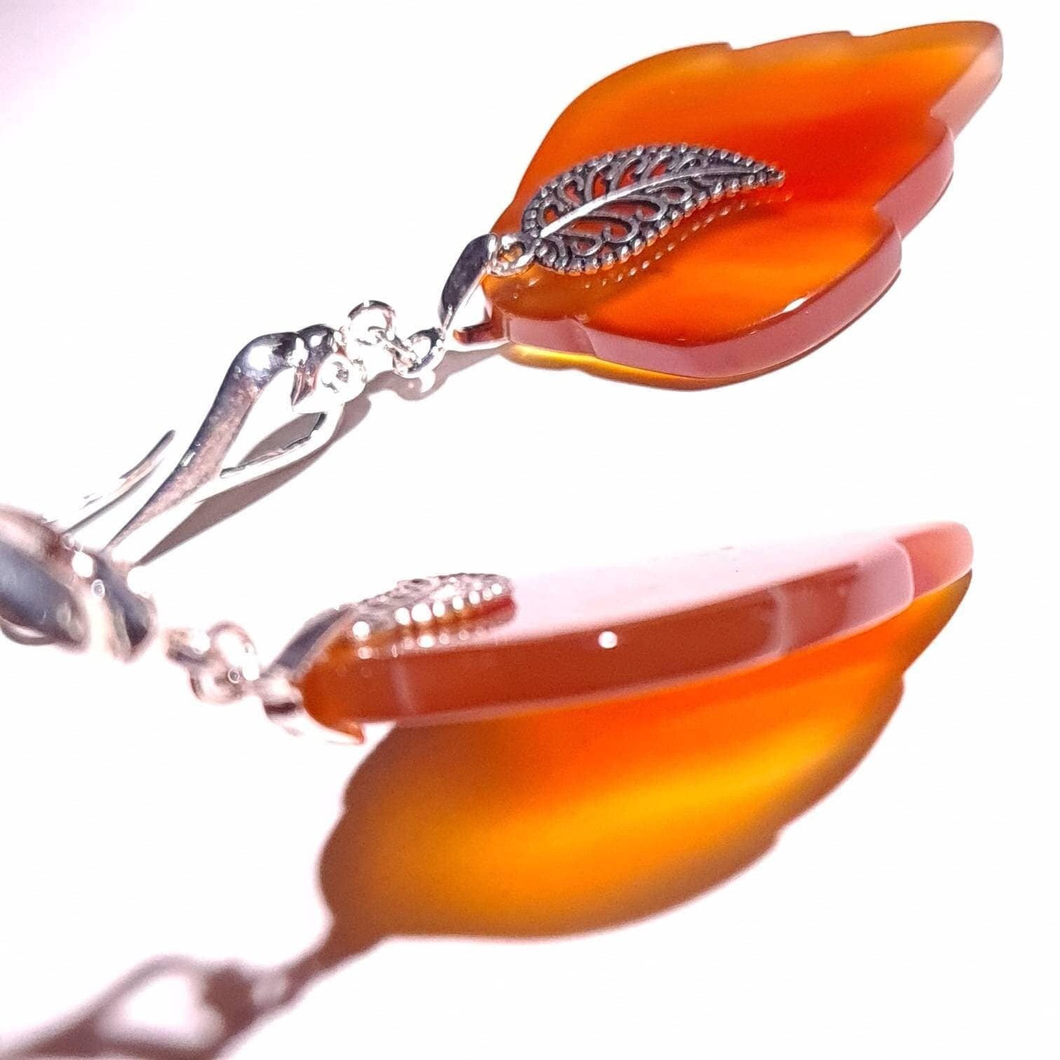 Carnelian Agate hand carved Leaf 28x35mm,Bali Style Filigree Leaf Dangling Earrings in Silver Earring .Vintage boho antique style gift