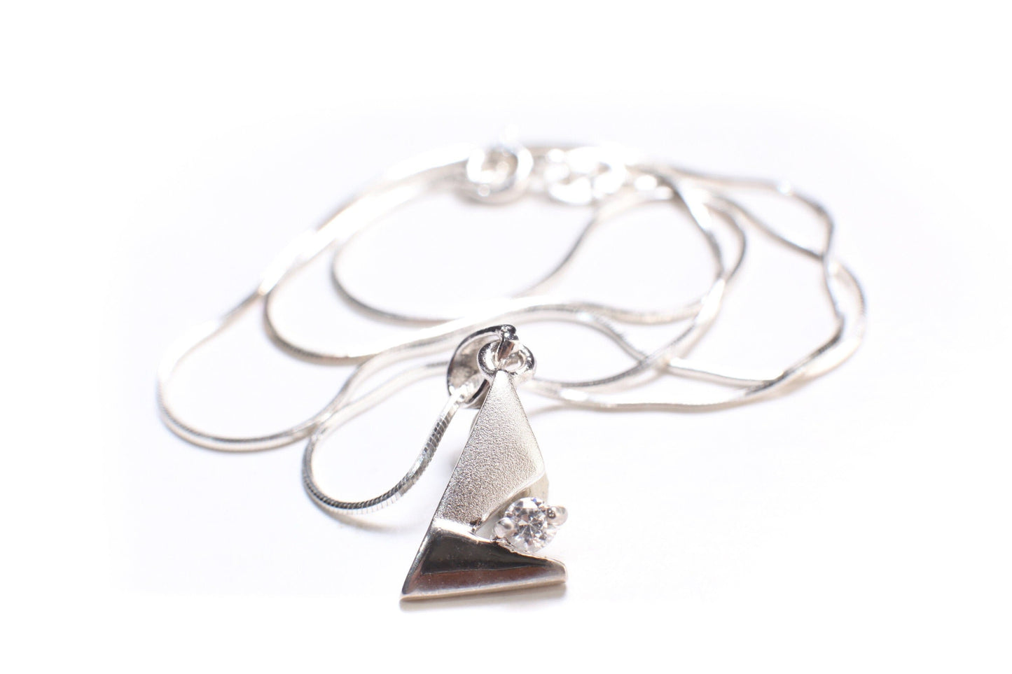 Platinum Plated Over 925 Sterling Silver 2 Tone Cubic Zirconia CZ Diamond Triangle 10x16mm Italian Sterling Silver Chain,Valentine Gift