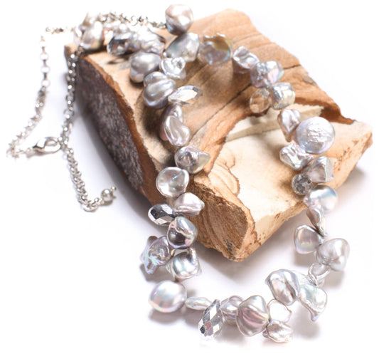 Natural Freshwater Gray silver Keshi Pearl High Luster Pearl with Crystal Spacers 16&quot; Necklace with 4&quot; Extension