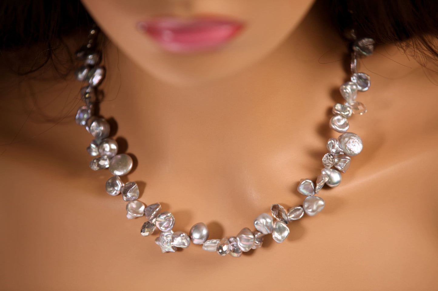 Natural Freshwater Gray silver Keshi Pearl High Luster Pearl with Crystal Spacers 16" Necklace with 4" Extension