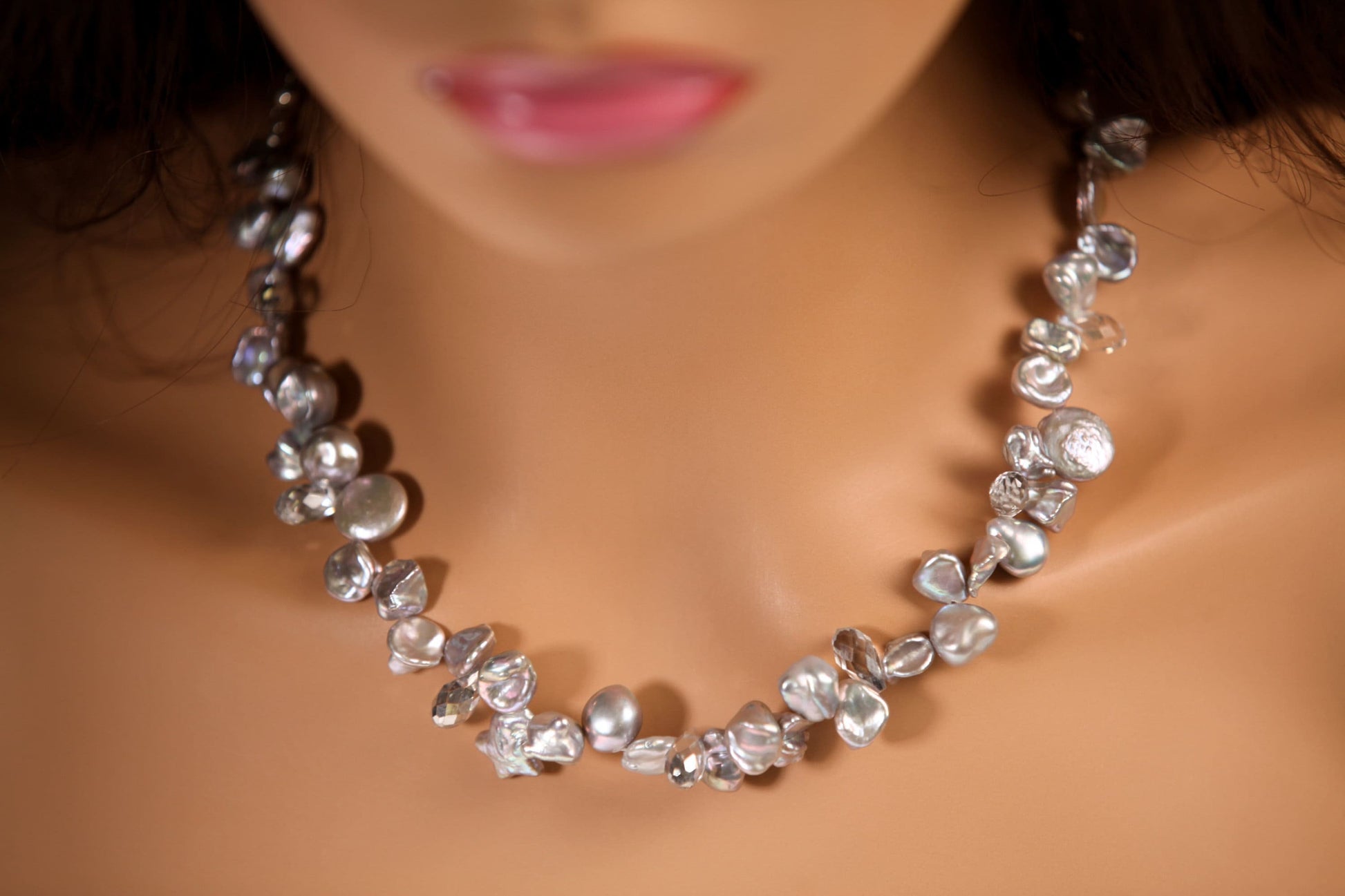 Natural Freshwater Gray silver Keshi Pearl High Luster Pearl with Crystal Spacers 16" Necklace with 4" Extension