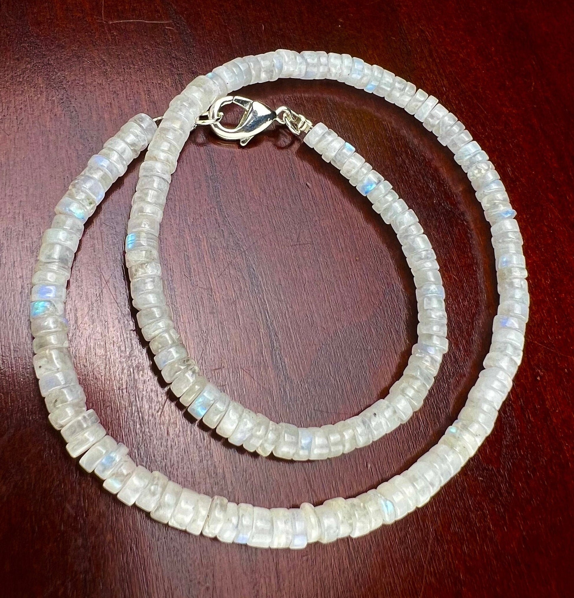 Rainbow Moonstone Heishi Tyre roundel 4.5-5.5, Silver Necklace for Man and woman