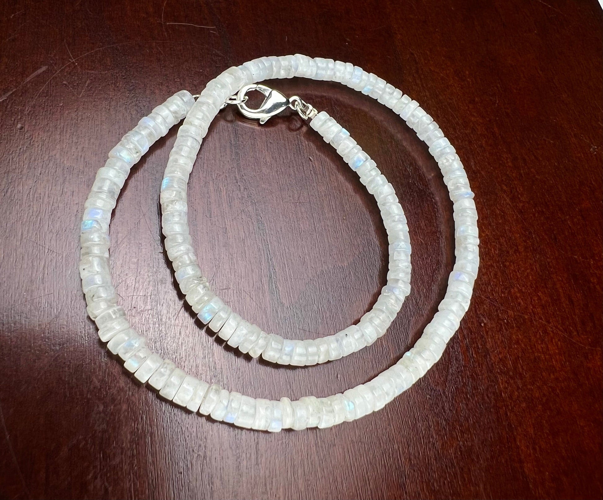 Rainbow Moonstone Heishi Tyre roundel 4.5-5.5, Silver Necklace for Man and woman