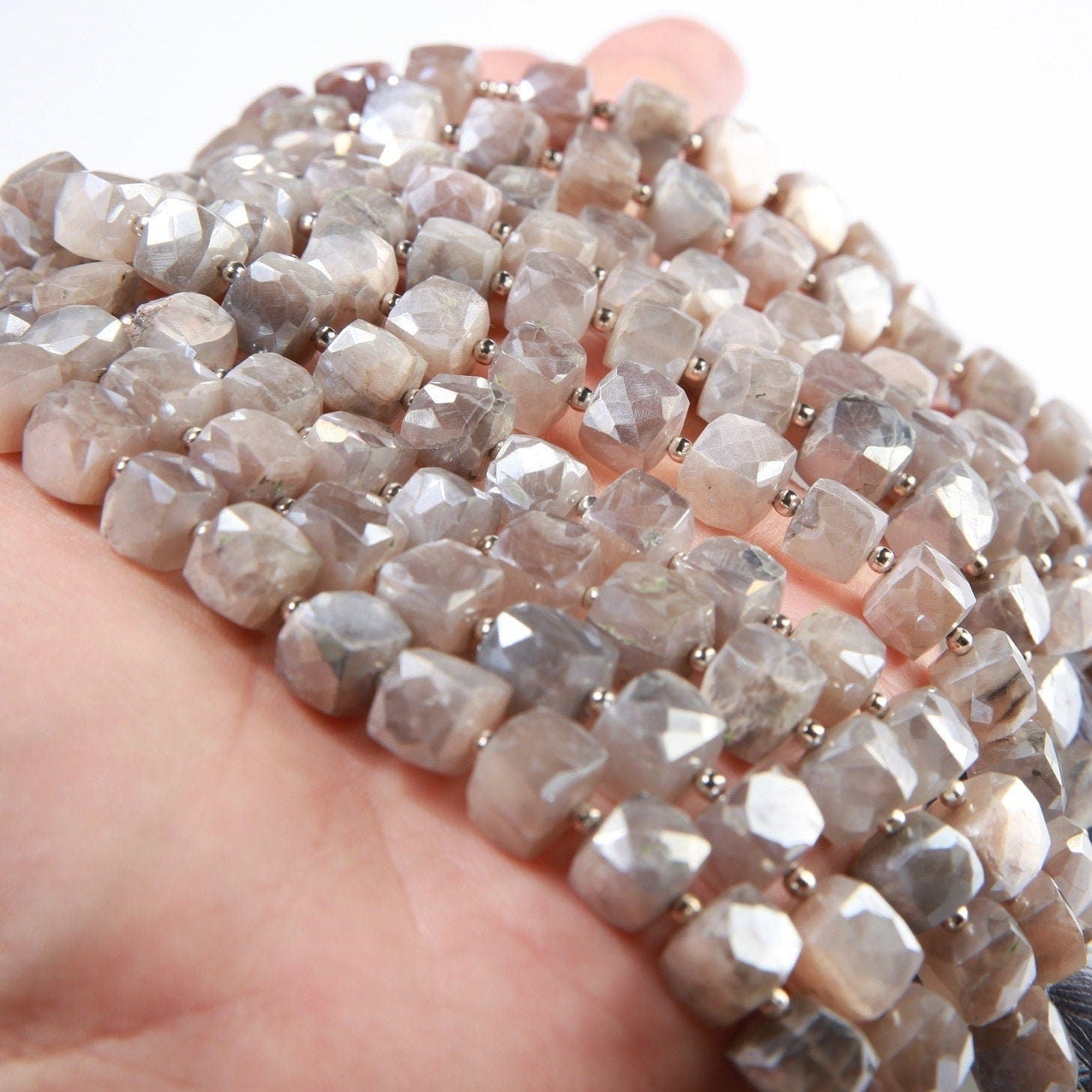 Natural Moonstone Faceted Cube in 8&quot;, 8mm Soothing Gemstone Beads