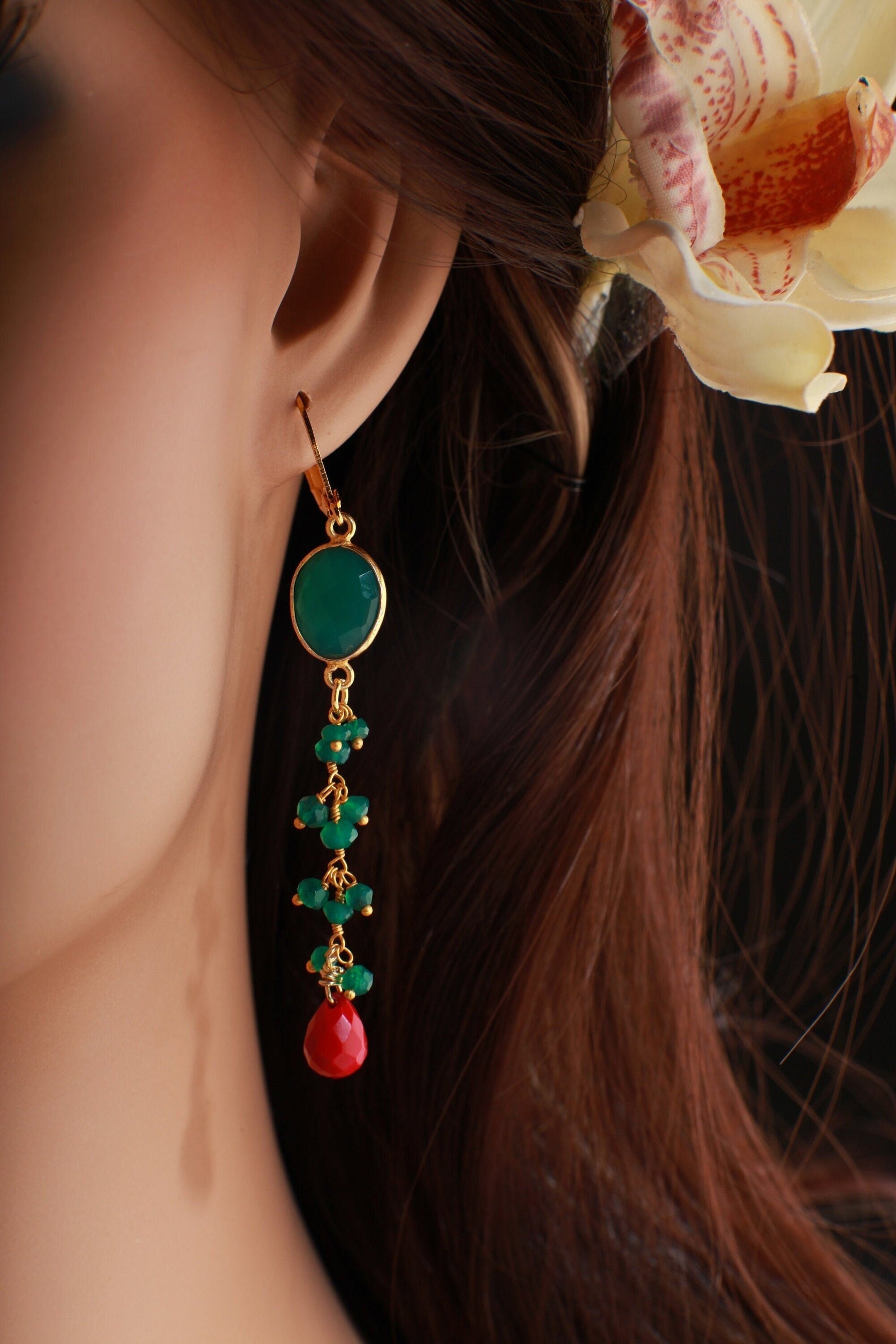 Genuine Green Onyx Gold Bezel Dangling Coral Briolette Teardrop, Green Onyx Cluster in Gold Leverback Earwire, Boho, Handmade Gift for her