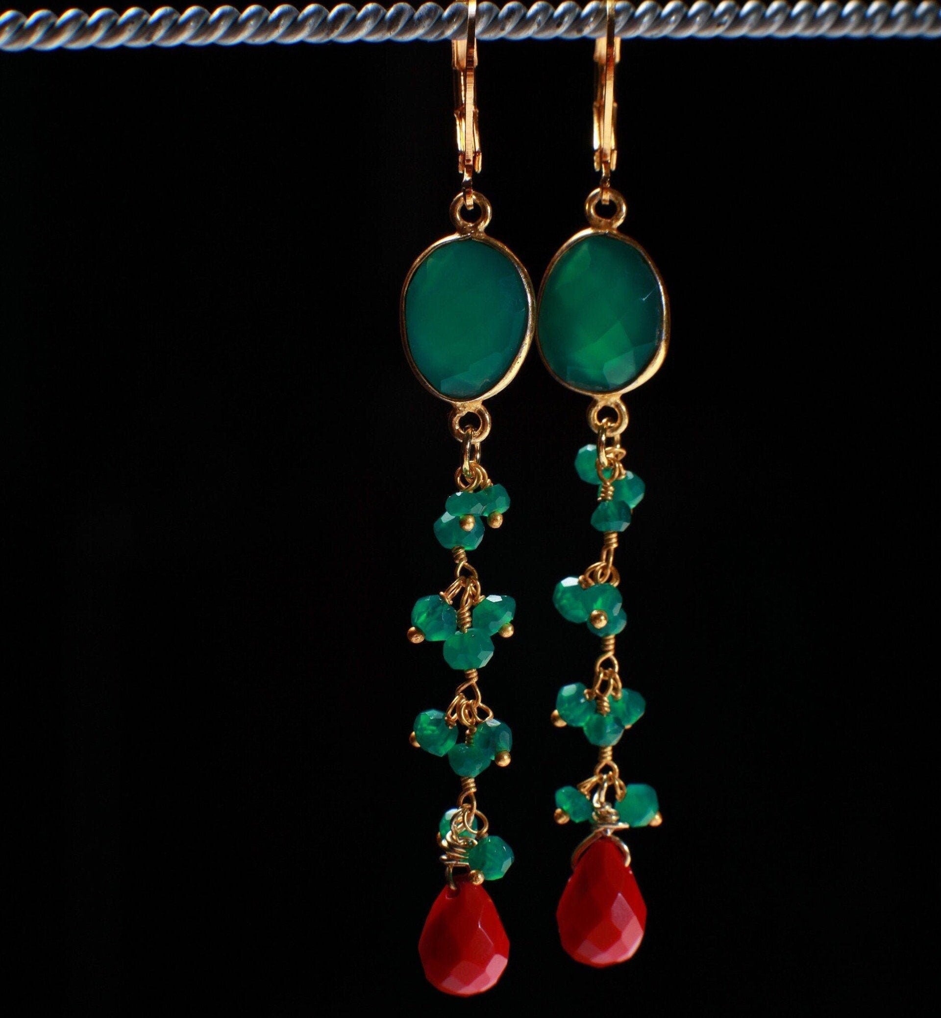 Genuine Green Onyx Gold Bezel Dangling Coral Briolette Teardrop, Green Onyx Cluster in Gold Leverback Earwire, Boho, Handmade Gift for her