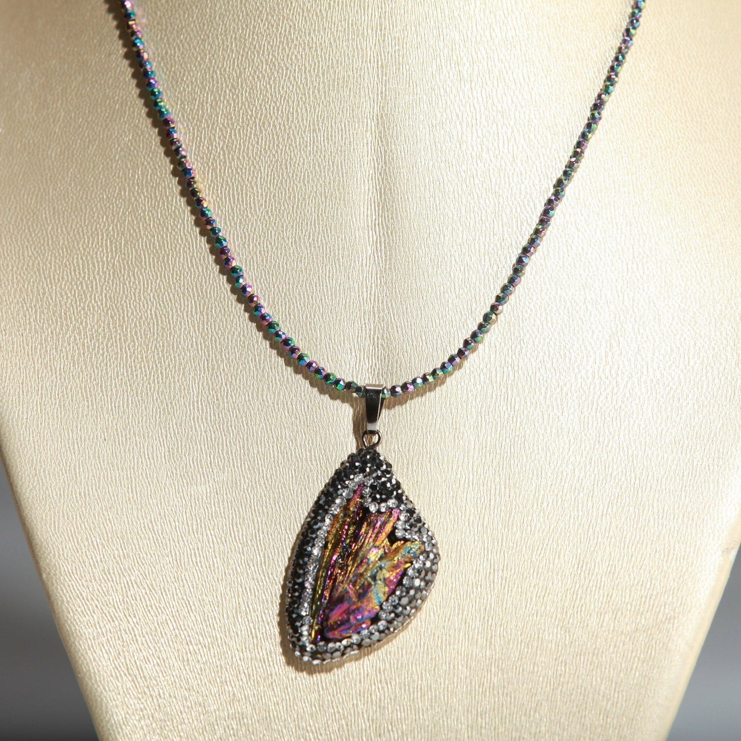 Raw Tourmaline electro coated , Rhinestones around Pendant, tiny rainbow hematite handmade necklace 15&quot;, 18&quot;, 20 chocker , Magnetic clasp